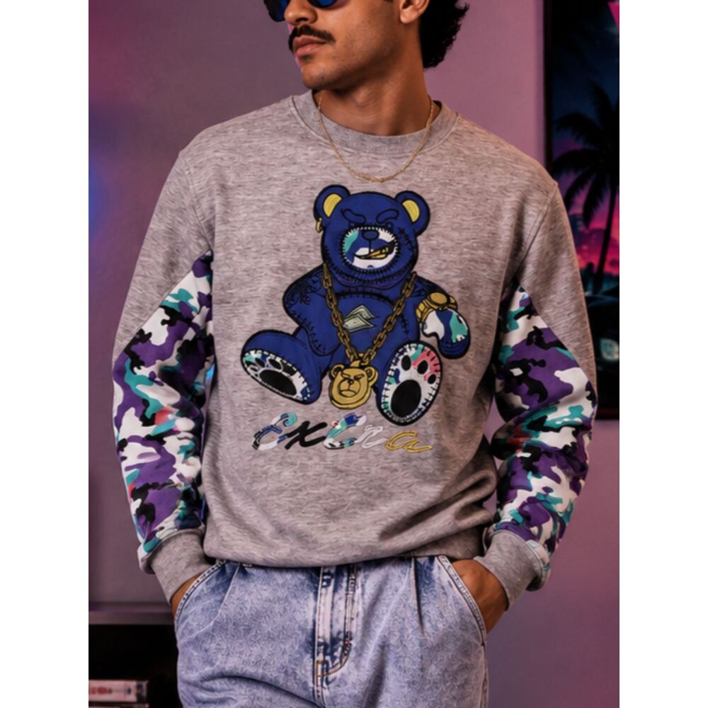Screenshot EXTRA Bear Graphic Sweatshirt Medium Gray Camo Streetwear Pullover